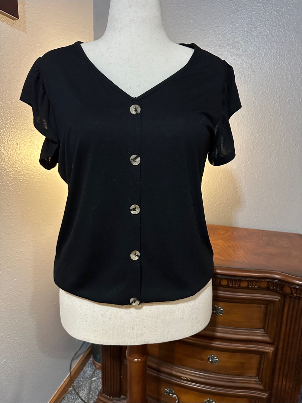 Black V-Neck Button-Front Short Sleeve Top